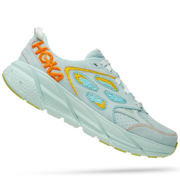 NWT Hoka Clifton Leather Embroidery UNISEX Shoes blue glass radiant yellow NEW - Picture 16 of 16